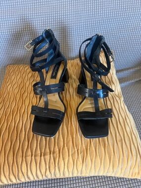 Aldo Black Strappy Ankle-Wrap Heeled Sandals
